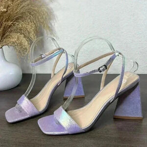 BP Lula Ankle Strap Block Heel Sandal Silver Holographic